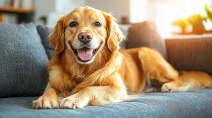 Golden Retriever lies comfortably on a cozy sofa, radiating warmth and contentment. The dog’s relaxed posture and friendly expression symbolize companionship, loyalty, and the simple joys of life