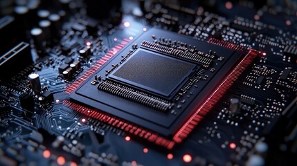 Fototapeta premium Close up of a Computer Processor Chip with Red LED Lighting on Circuit Board