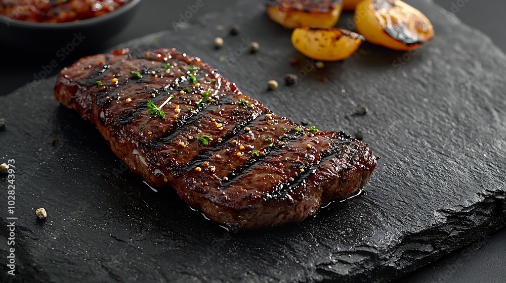 Poster Beef steak on grill surface Copy space Grey stone background : Generative AI