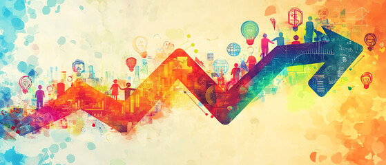 Abstract colorful watercolor arrow pointing up with different icons of people and ideas.
