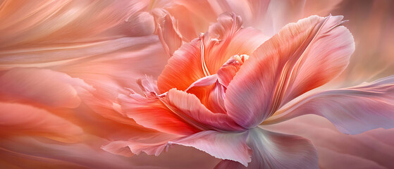 Close-up of a pink tulip flower with soft, flowing petals and a delicate, light pink and white color scheme.