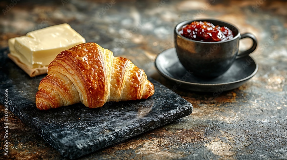 Poster croissant with coffee jam and butter continental breakfast concept top view copy space : generative 