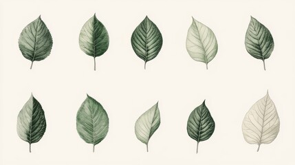 2408 61.A collection of flat green leaves, delicately illustrated with smooth lines and detailed vein patterns. Each leaf is arranged against a clean white background, showcasing their natural