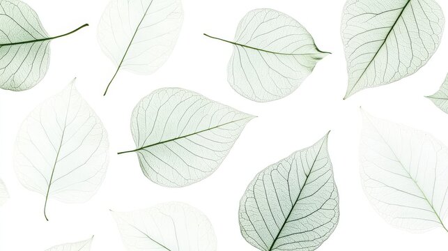 2408 64.A collection of flat green leaves illustrated with fine details, showing the veins and textures of each leaf. The white background highlights the natural simplicity and beauty of the leaves,