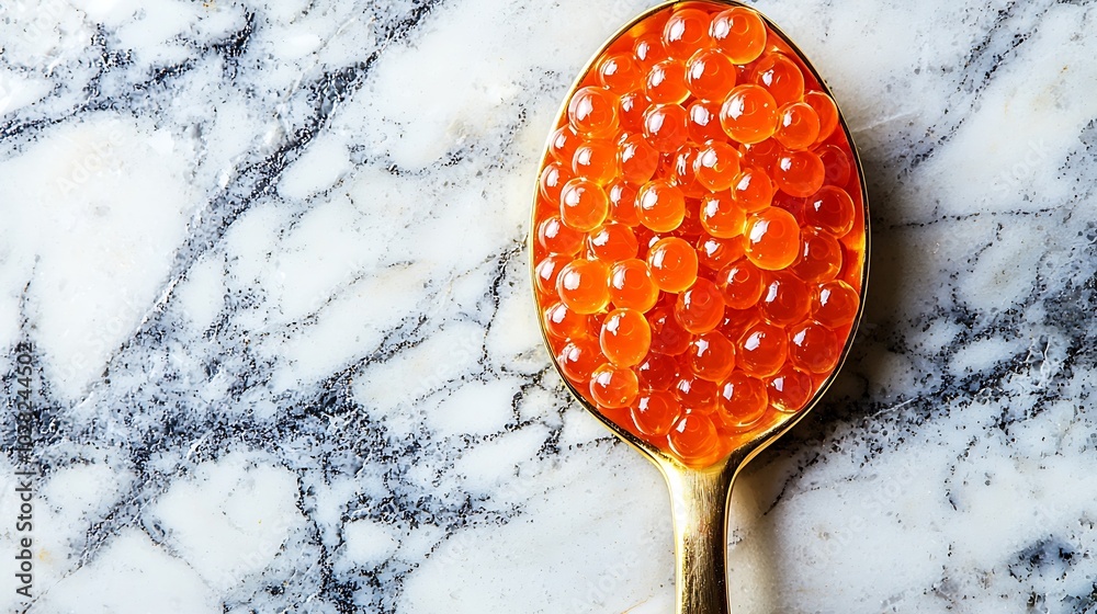 Poster red salmon caviar in golden spoon marble background copy space top view : generative ai