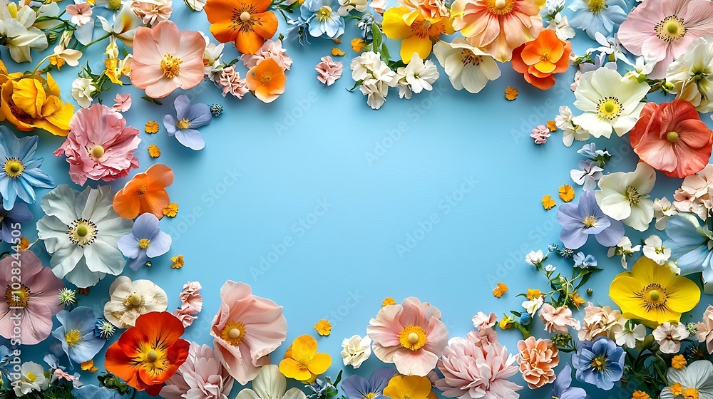 Poster frame of colorful flowers blue background top view copy space : generative ai