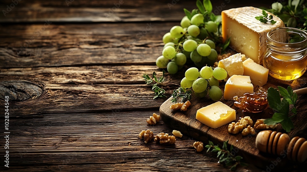 Aufkleber Assortment of cheese with honey nuts and grape on a rustic cutting board wooden background Copy space : Generative AI