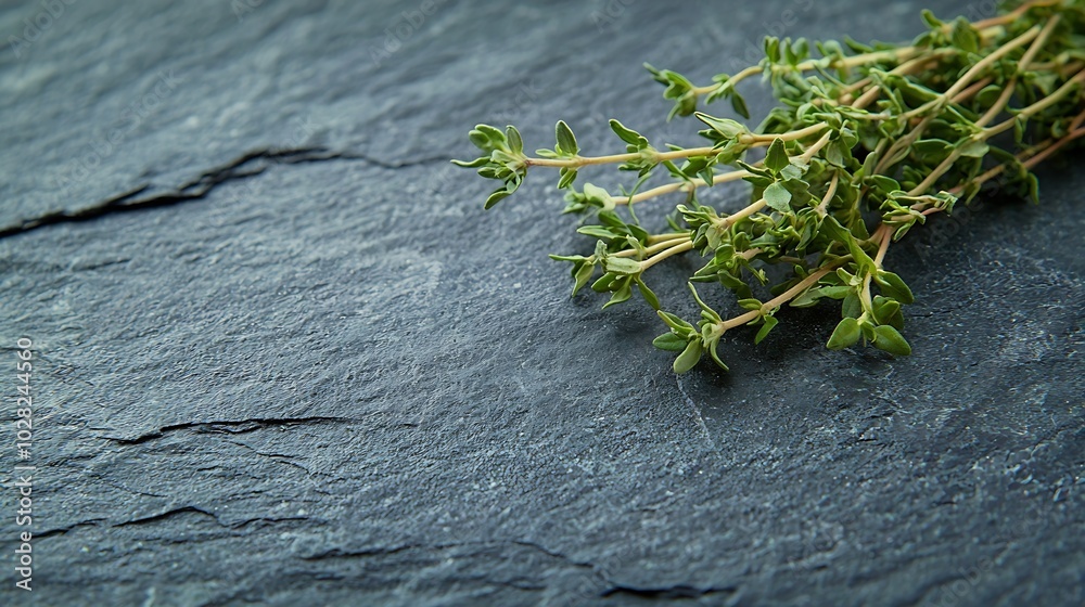Poster fresh thyme bunch on slate background close up copy space : generative ai