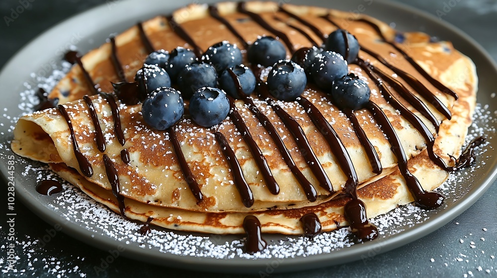 Poster crepes thin pancakes with chocolate sauce and fresh blueberries grey background copy space top view 