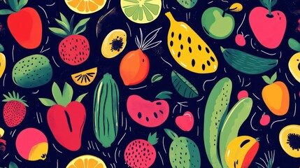 Vibrant Fruit and Vegetable Pattern on a Dark Background