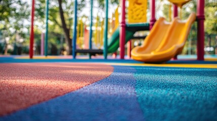 A playground with rubber flooring, offering a soft and safe surface for kids to play, with vibrant colors and cushioning to prevent injuries from falls
