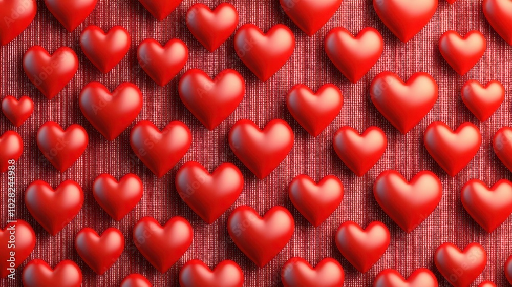 Poster bold red heart pattern background with tiny hearts neatly aligned in rows and columns.