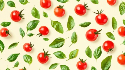 Red Cherry Tomatoes and Green Basil Leaves Pattern