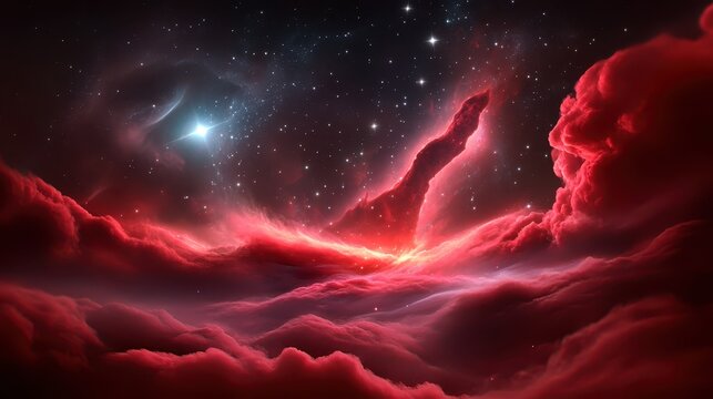 Bold red galaxy background with swirling gas clouds and bright stars, evoking the power of the cosmos.
