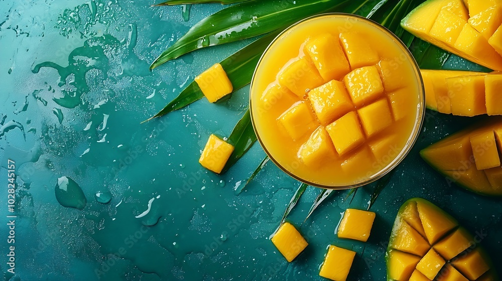 Aufkleber fresh tropical fruit smoothie mango juice and fresh mango on blue background copy space top view : g
