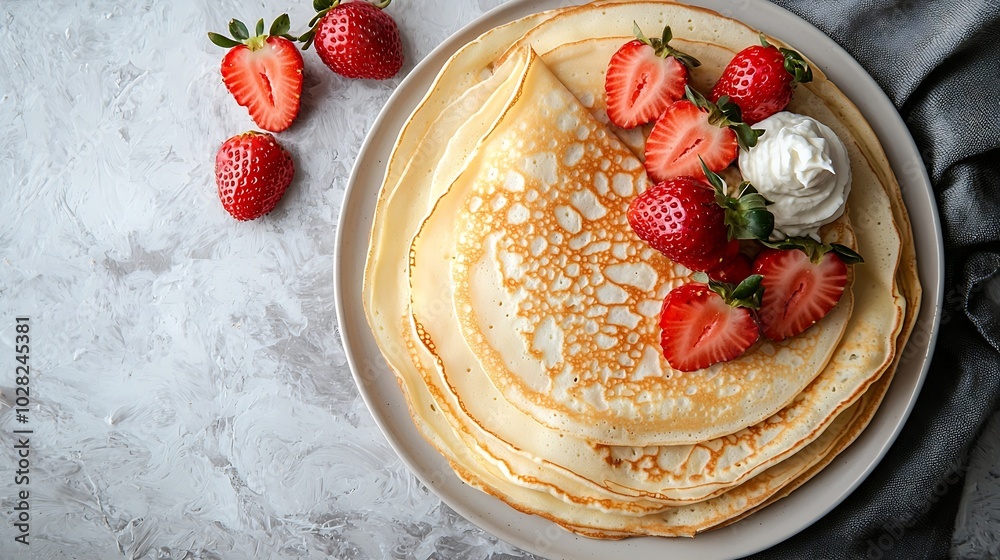 Poster crepes thin pancakes with cream cheese ricotta and fresh strawberries marble background top view cop
