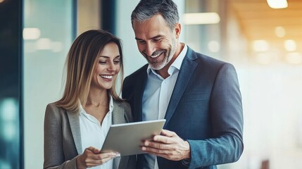 Business partners smiling at a tablet while looking at the screen.