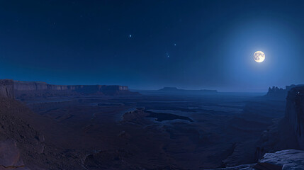 A panoramic view of the desert during a full moon night.