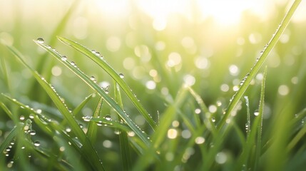 2408 103.Vibrant green spring grass coated with glistening morning dew, the droplets delicately clinging to the blades. The shallow depth of field creates a soft, dreamy background, while the water