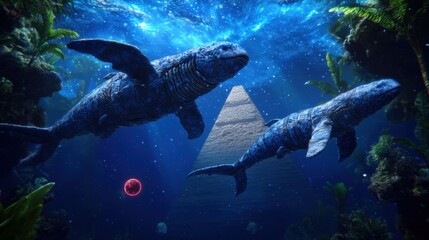 Fototapeta premium Underwater Fantasy with 3D Printed Mythical Creatures and Ancient Pyramid