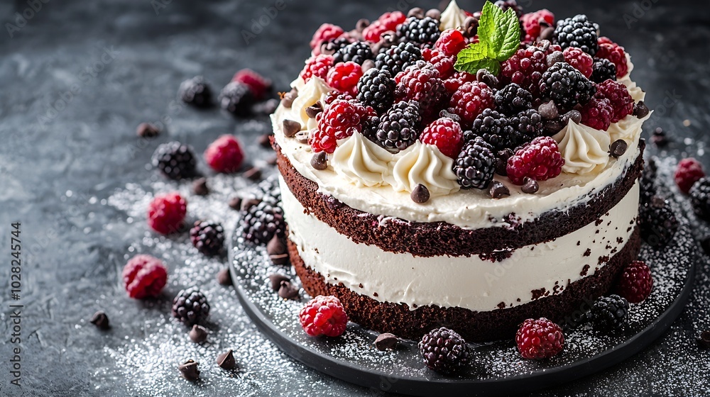 Poster chocolate cake with whipped cream and fresh berries blue background copy space : generative ai