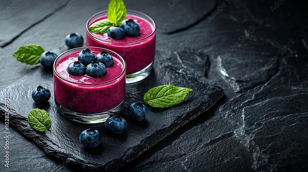 Poster berry smoothie with fresh blueberries on a black stone background copy space top view : generative a