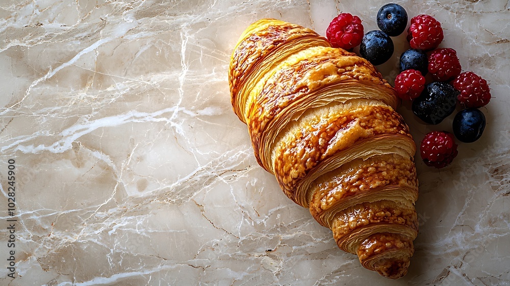 Poster croissant with fresh berries honey and butter on a marble texture background : generative ai