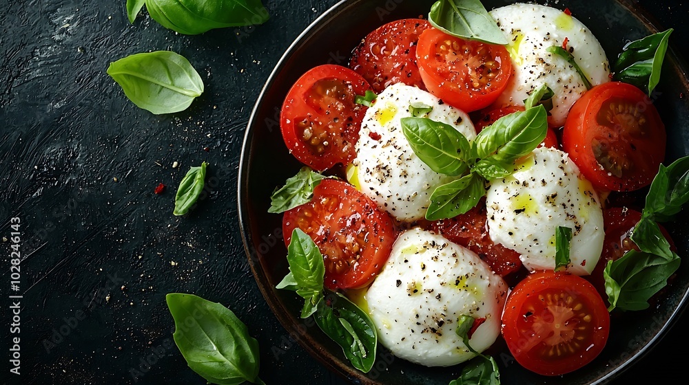 Aufkleber caprese salad with tomatoes mozzarella cheese basil dark background copy space top view : generative