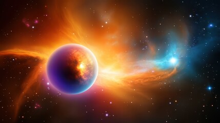 Naklejka premium Colorful galaxy nebula background with swirling gas clouds and vibrant stars, creating a stunning cosmic scene.
