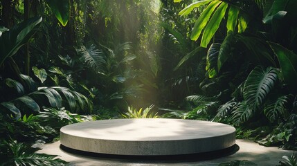 2408 74.A natural product display setting featuring a concrete podium on the forest floor, surrounded by tropical greenery. The background is slightly blurred, with large leaves and lush foliage