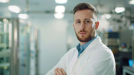 Fototapeta premium Confident Scientist in a Laboratory ? Male Researcher in White Lab Coat Conducting Experiments