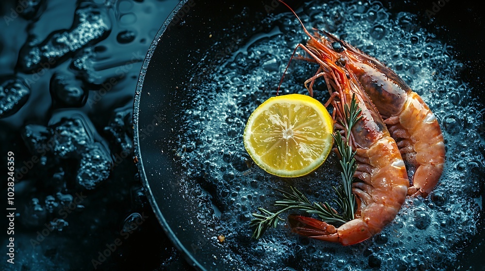 Poster Prawns with lemon and fresh herbs in a black frying pan Stone background Top view : Generative AI