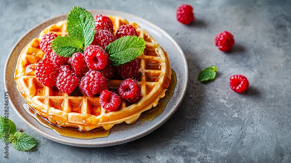 Aufkleber Belgian waffles with maple syrup and fresh raspberry Grey background Close up : Generative AI