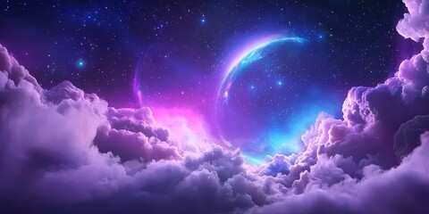 Obraz premium Deep purple galaxy background with vibrant stars and swirling nebula clouds, creating a surreal cosmic scene.