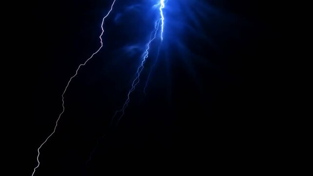 Blue Glowing Lightning Thunderbolt with black background. 4K