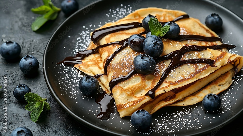 Poster crepes thin pancakes with chocolate sauce and fresh blueberries grey background top view : generativ