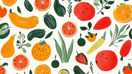 A Colorful Pattern of Fresh Fruits, Vegetables, and Green Foliage