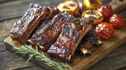 Lamb ribs grilled on cutting board with roasted vegetables Wooden background : Generative AI