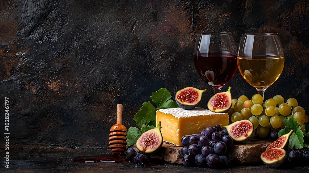 Poster grape cheese figs and honey with a glasses of red and white wine on a stone and wood background : ge