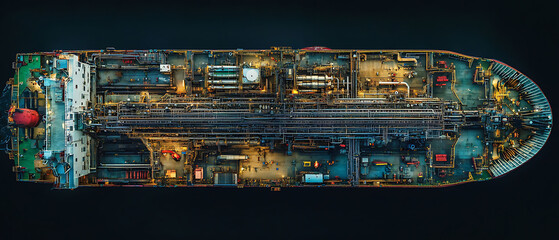 An aerial view of a ship from above, showing its intricate internal structure, machinery, and compartments.