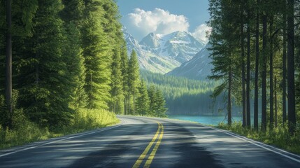 Naklejka premium 2408 86.A scenic road winding through a dense green forest, with tall trees on either side and a crystal-clear lake in the distance. The asphalt road is smooth and straight, leading toward majestic