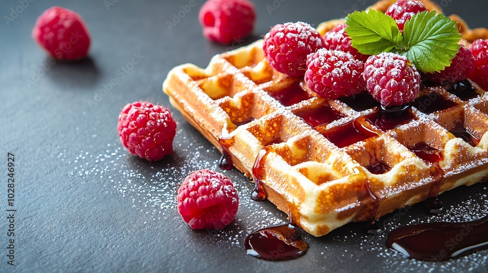 Poster Belgian waffles with maple syrup and fresh raspberry Grey background Close up : Generative AI