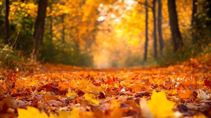 2408 92.A serene autumn scene with vibrant orange and yellow foliage framing the top and sides, leaving the center open for text. The ground is covered in a soft blanket of fallen leaves, while the