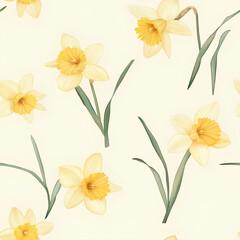 Fototapeta premium Minimalist watercolor daffodils with soft yellow petals, gently scattered on a light beige background, seamless pattern