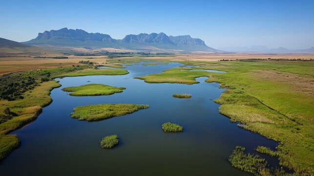 2408 15.A serene aerial view of Main Dam at Drie Kuilen Nature Reserve, with expansive marshland spreading out in all directions. The wetlands are interspersed with winding waterways and vibrant