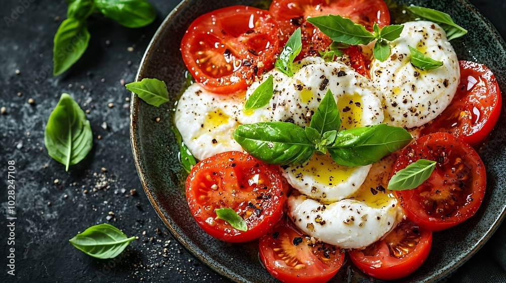 Poster caprese salad with tomatoes mozzarella burrata cheese and basil dark background close up top view : 
