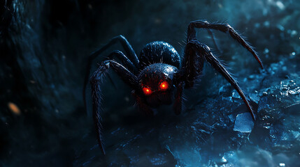 A large black spider with glowing red eyes crawls on a dark, rocky surface.