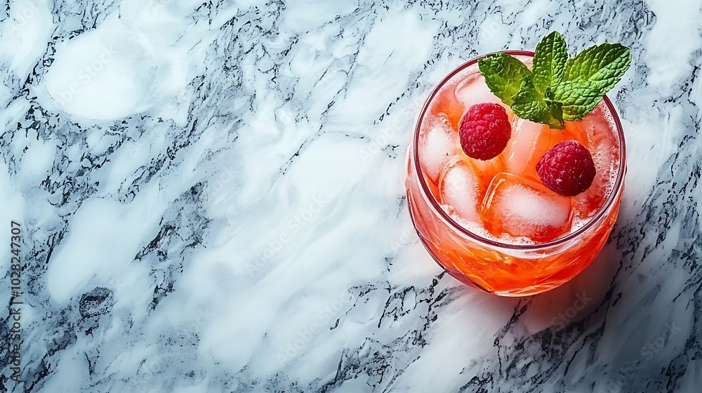 Aufkleber raspberry cocktail fizz lemonade ice tea with fresh mint on marble background close up copy space : 