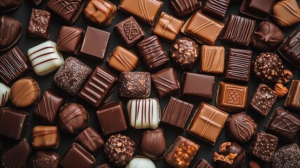 Assortment of fine chocolate candies white dark and milk chocolate Sweets background Copy space Top view : Generative AI