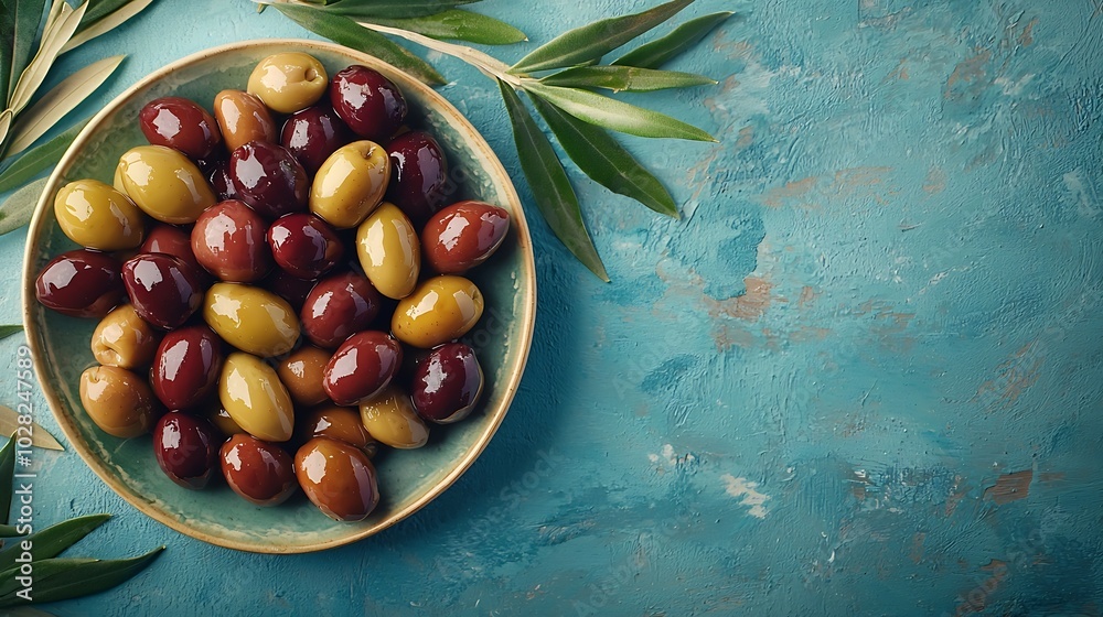 Poster assortment of fresh olives on a plate blue background close up top view : generative ai